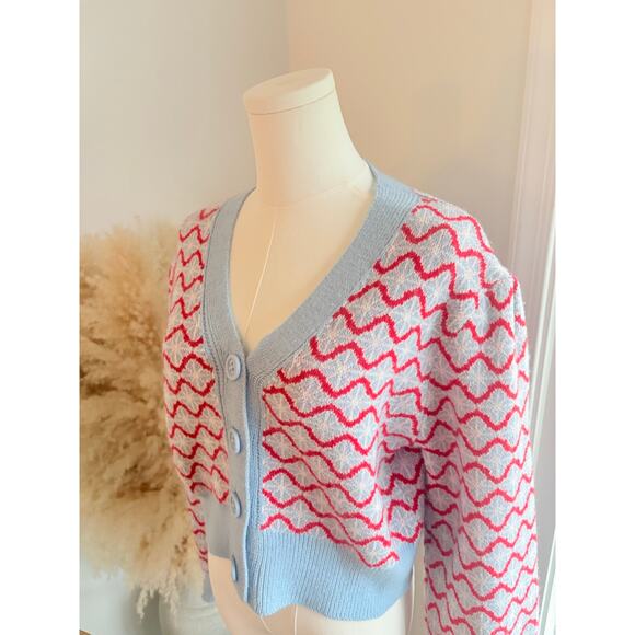 NWT Cider Wavy Button Up Crop Cardigan Sweater Womens XL Blue Red Retro Indie - Picture 2 of 8